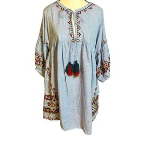 Zara Embroidered Puff Sleeves Tunic Mini Dress Top Womens Size S Floral Striped